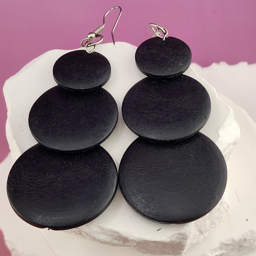Black Wood Disc Dangle Earrings Graduated Circle Statement Boho Lightweight Drop